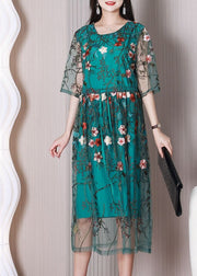 Elegant Green Embroideried Floral Tulle Holiday Dress Summer