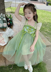 Elegant Green Embroideried Patchwork Bow Tulle Kids Long Dress Short Sleeve