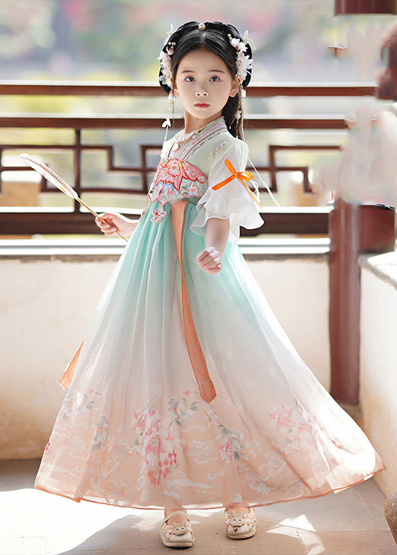 Elegant Green Embroideried Print Tassel Kids Girls Long Dress Summer