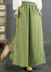 Elegant Green Embroidered Tassel Side Open Silk Wide Leg Pants Summer