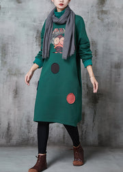 Elegant Green High Neck Print Cotton Sweatshirts Dress Spring