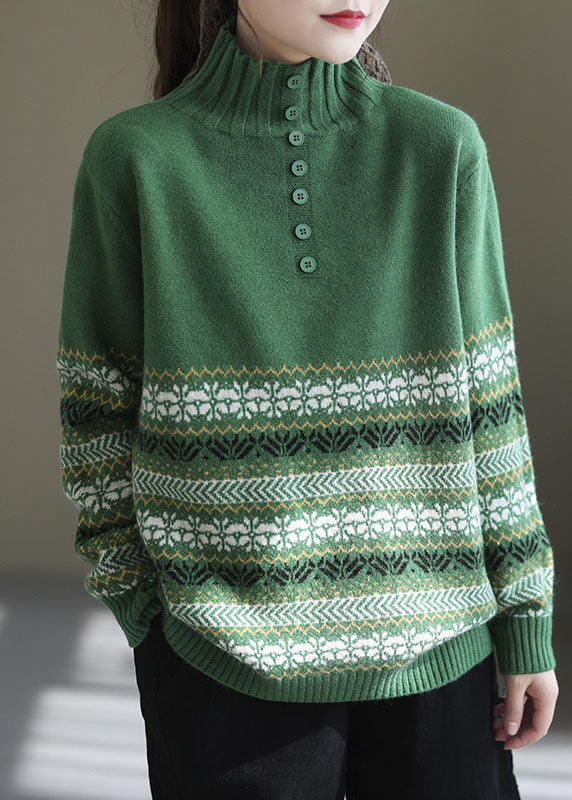 Elegant Green High Neck Print Knit Pullover Spring