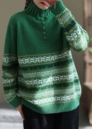 Elegant Green High Neck Print Knit Pullover Spring