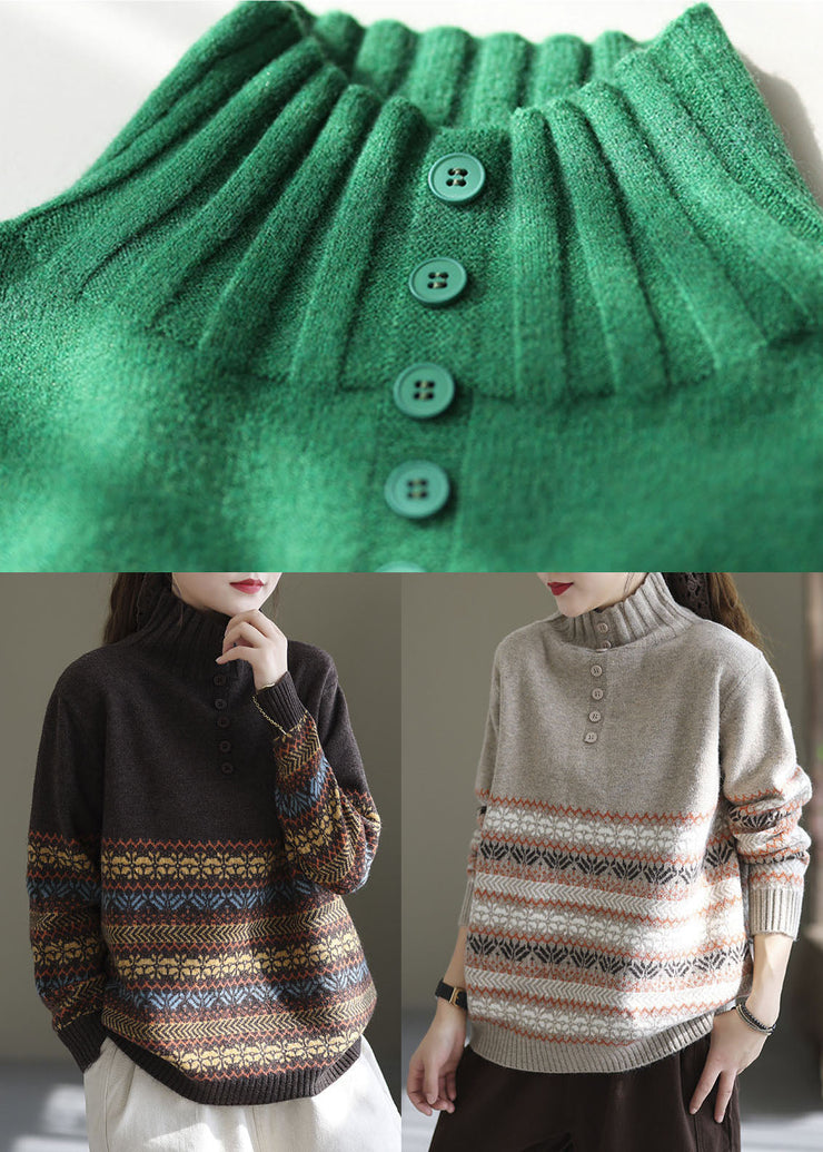 Elegant Green High Neck Print Knit Pullover Spring