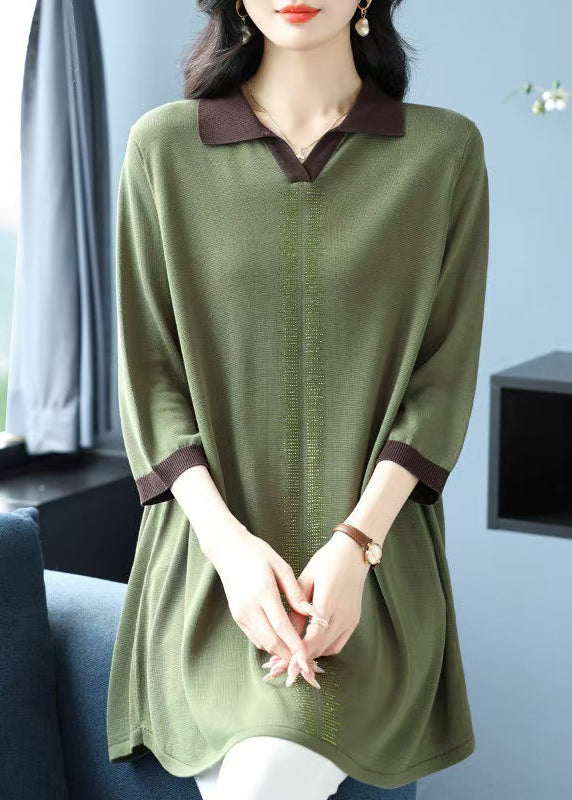 Elegant Green Hign Neck Ice Silk Knit Shirt Top Bracelet Sleeve