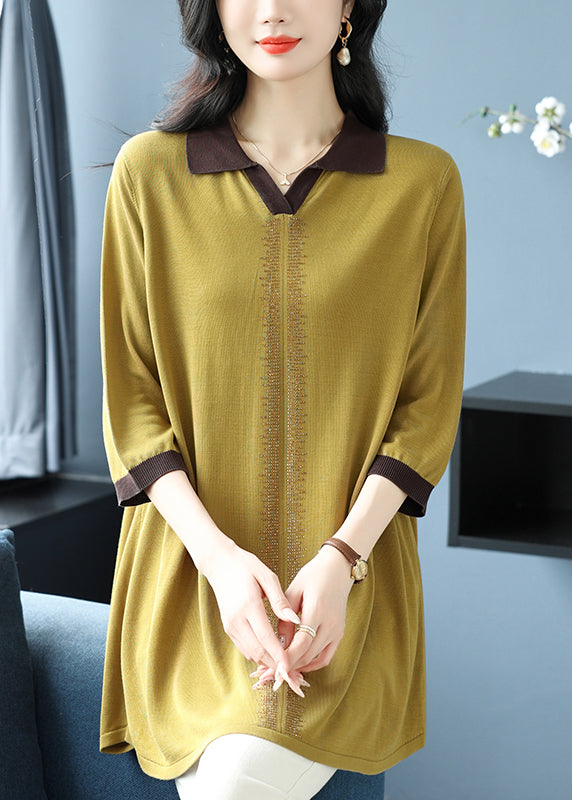 Elegant Green Hign Neck Ice Silk Knit Shirt Top Bracelet Sleeve