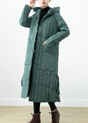 Elegant Green Hooded Pockets Fine Cotton Filled Long Coat Winter