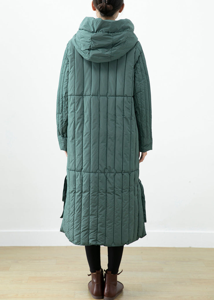 Elegant Green Hooded Pockets Fine Cotton Filled Long Coat Winter