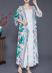 Elegant Green Leaf Print Lace Up Chiffon Long Cardigan Fall