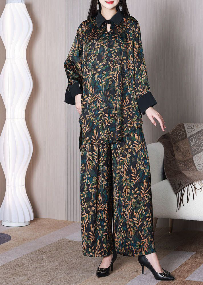 Elegant Green Leaf Print Oversized Draping Silk Two Piece Set Spring