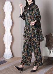 Elegant Green Leaf Print Oversized Draping Silk Two Piece Set Spring