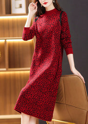 Elegant Green Leopard Jacquard Patchwork Thick Woolen Dress Winter