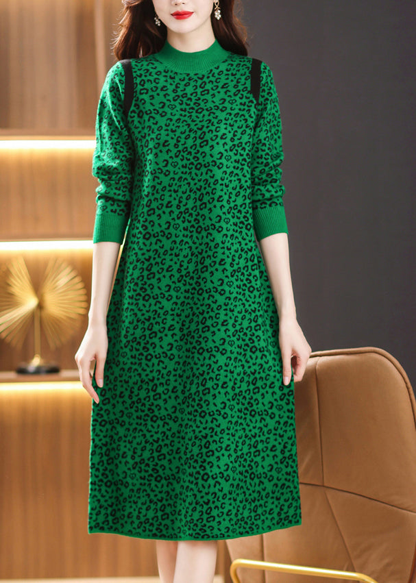 Elegant Green Leopard Jacquard Patchwork Thick Woolen Dress Winter