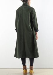 Elegant Green Notched Button Pockets Woolen Trench Coats Long Sleeve