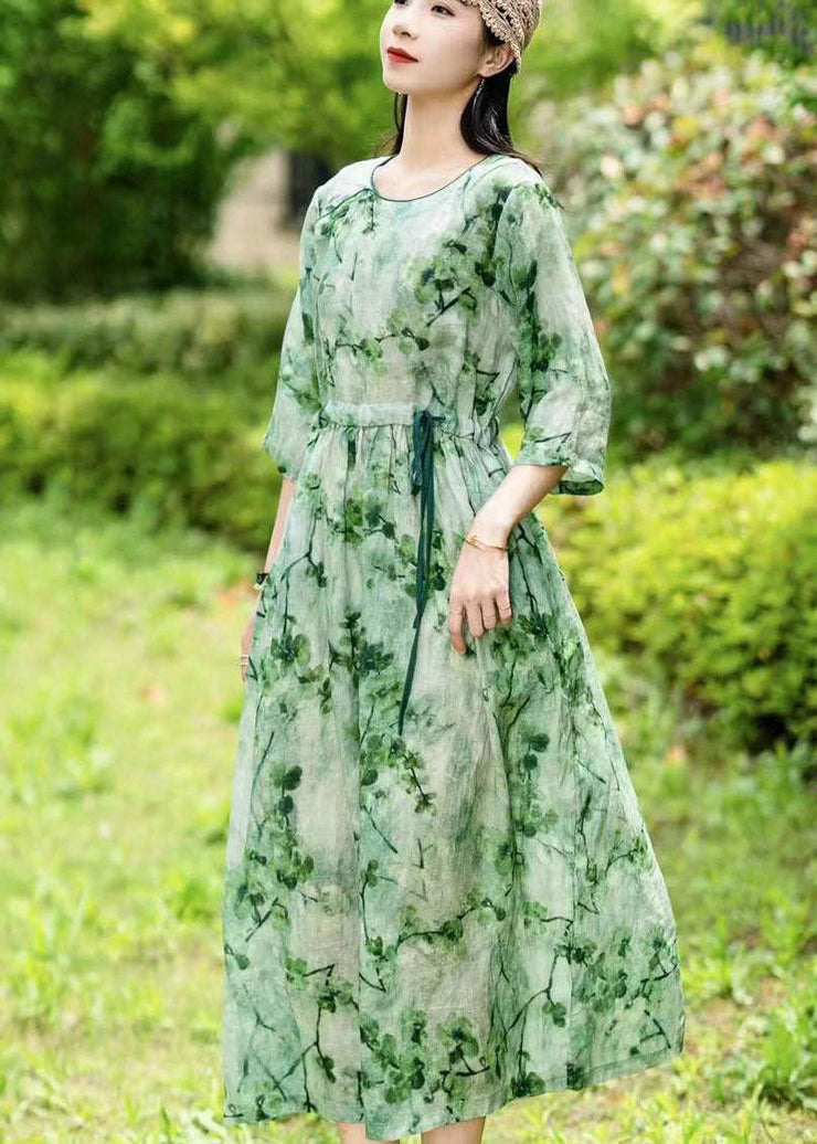 Elegant Green O Neck Drawstring Patchwork Long Linen Dress Summer