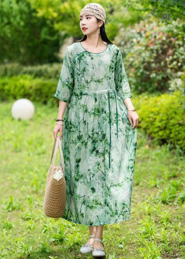 Elegant Green O Neck Drawstring Patchwork Long Linen Dress Summer