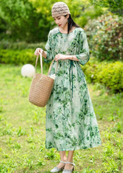 Elegant Green O Neck Drawstring Patchwork Long Linen Dress Summer