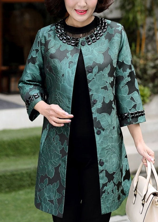 Elegant Green O-Neck Jacquard Spandex Long Coats Bracelet Sleeve