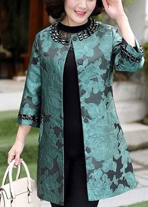 Elegant Green O-Neck Jacquard Spandex Long Coats Bracelet Sleeve