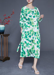 Elegant Green O-Neck Oversized Print Silk Vacation Dresses Bracelet Sleeve