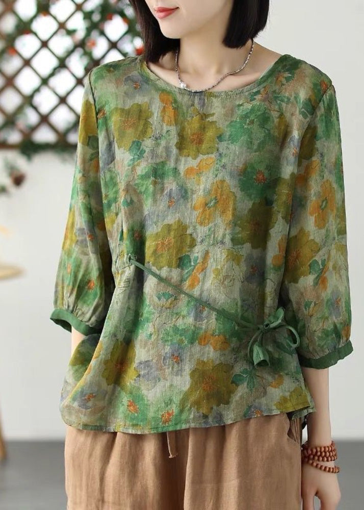 Elegant Green O-Neck Print Drawstring Tie Waist Ramie Top Long Sleeve