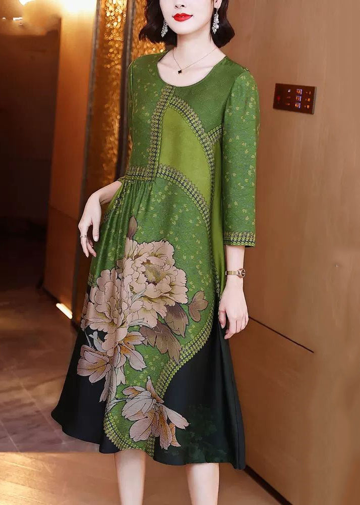 Elegant Green O Neck Print Patchwork Silk Long Dresses Spring
