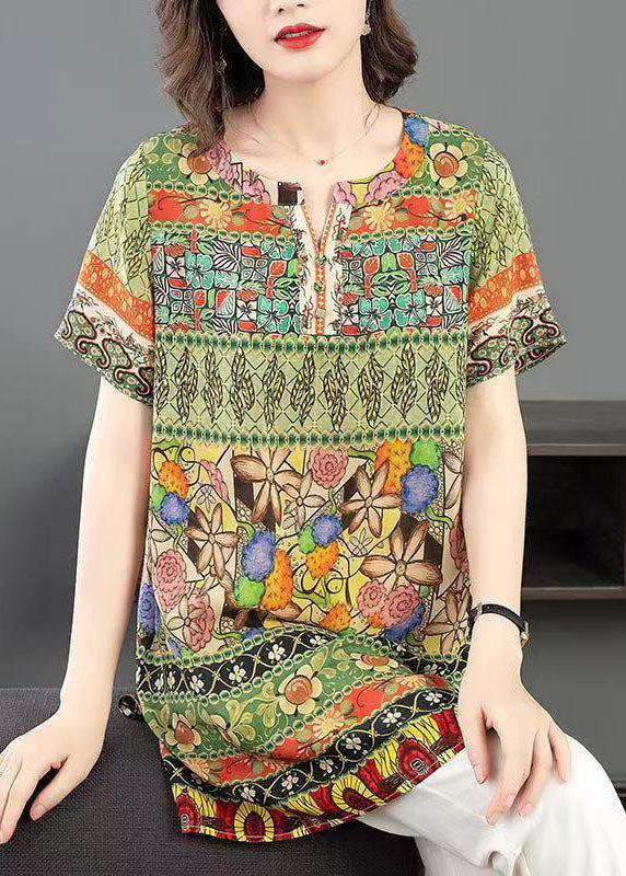 Elegant Green O Neck Print Patchwork Silk Shirt Tops Summer