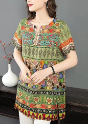 Elegant Green O Neck Print Patchwork Silk Shirt Tops Summer