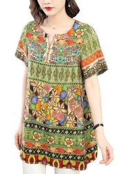 Elegant Green O Neck Print Patchwork Silk Shirt Tops Summer