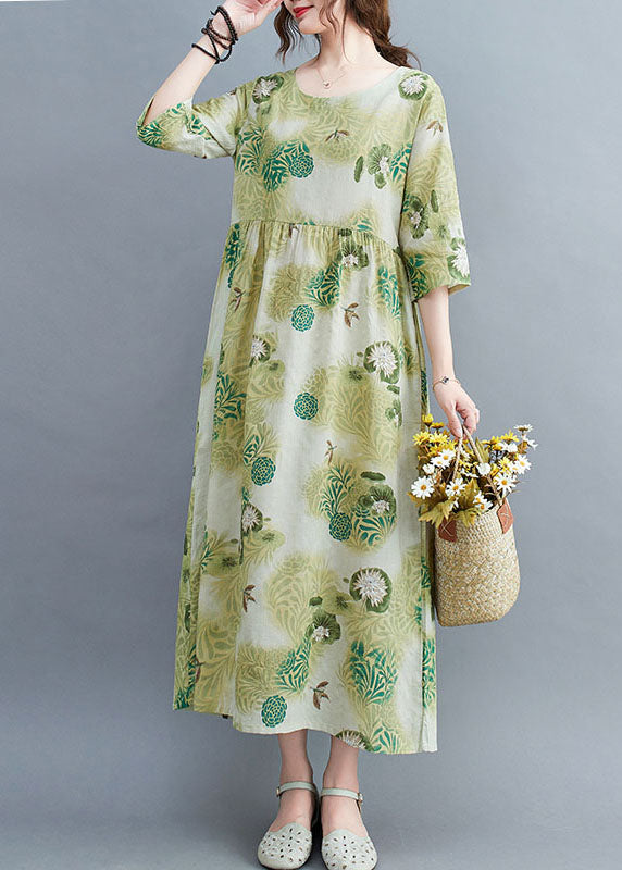 Elegant Green O-Neck Wrinkled Print Cotton Long Dress Half Sleeve