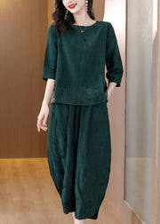 Elegant Green Oversized Patchwork Linen Two Pieces Set Spring