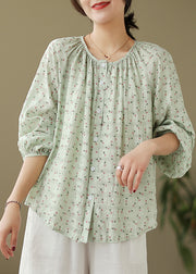 Elegant Green Oversized Print Cotton Blouses Fall