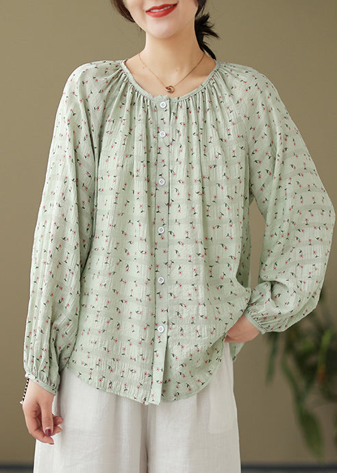 Elegant Green Oversized Print Cotton Blouses Fall