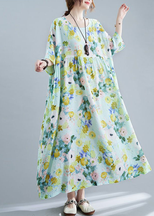 Elegant Green Oversized Print Cotton Maxi Dresses Summer