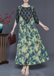 Elegant Green Oversized Print Silk Dresses Spring