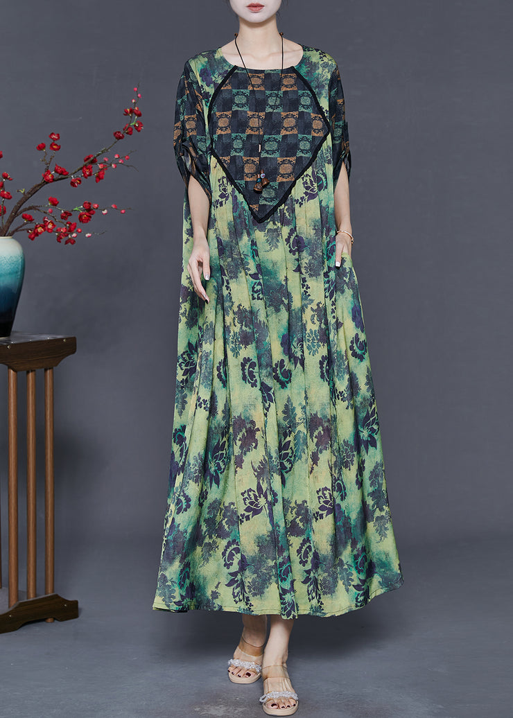 Elegant Green Oversized Print Silk Dresses Spring