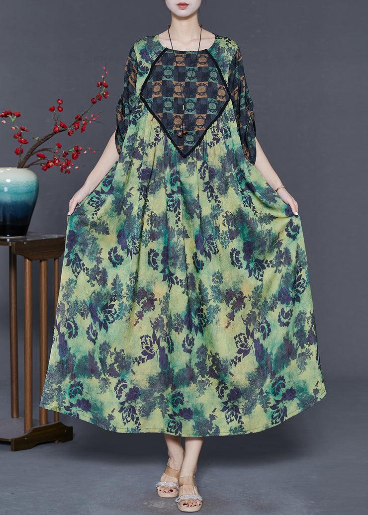 Elegant Green Oversized Print Silk Dresses Spring