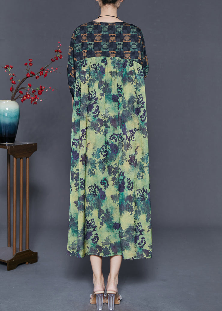 Elegant Green Oversized Print Silk Dresses Spring