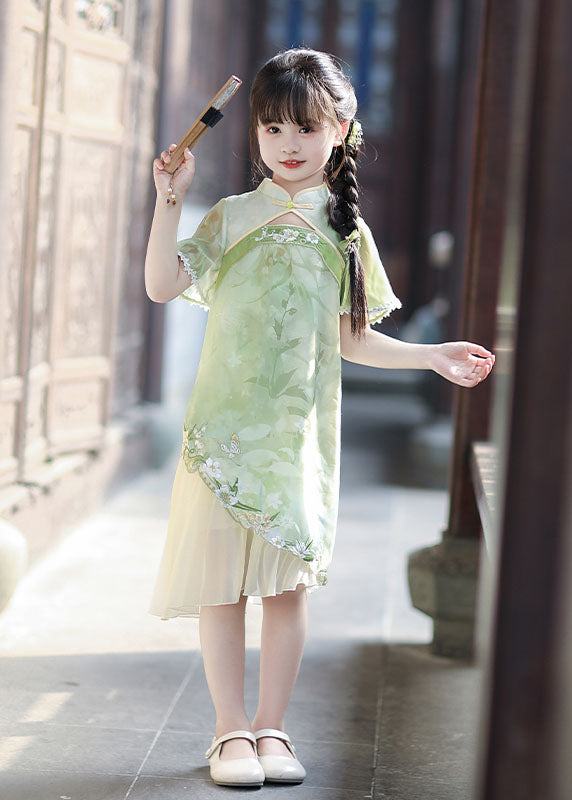 Elegant Green Patchwork Button Chiffon Girls Party Maxi Dress Summer