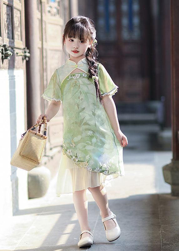 Elegant Green Patchwork Button Chiffon Girls Party Maxi Dress Summer