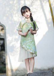 Elegant Green Patchwork Button Chiffon Girls Party Maxi Dress Summer