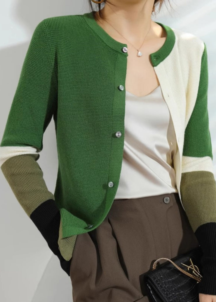 Elegant Green Patchwork Button Cotton Knitted Cardigans Fall