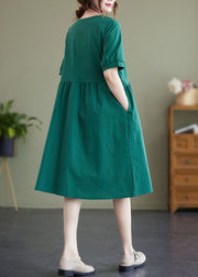 Elegant Green Patchwork Wrinkled Button Cotton Vacation Dresses Summer