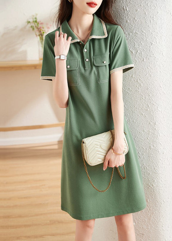 Elegant Green Peter Pan Collar Button Patchwork Cotton Dress Summer