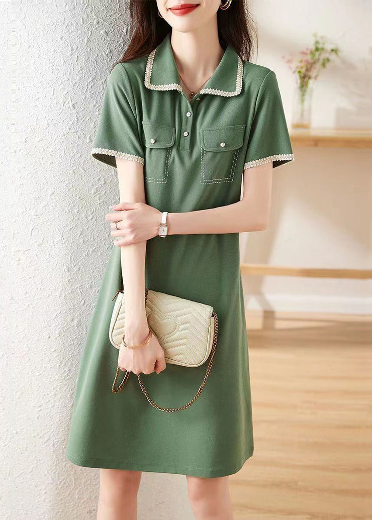 Elegant Green Peter Pan Collar Button Patchwork Cotton Dress Summer