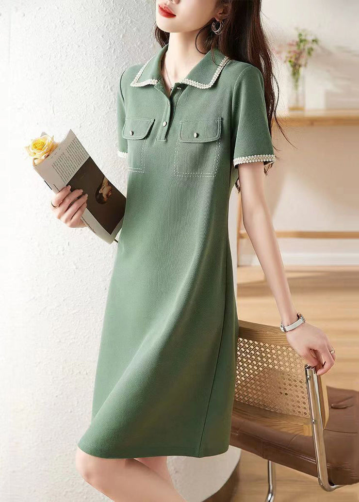 Elegant Green Peter Pan Collar Button Patchwork Cotton Dress Summer