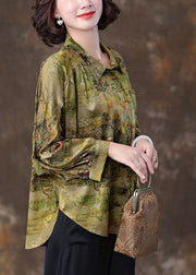 Elegant Green Peter Pan Collar Patchwork Print Silk Blouse Top Spring