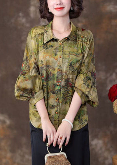 Elegant Green Peter Pan Collar Patchwork Print Silk Blouse Top Spring