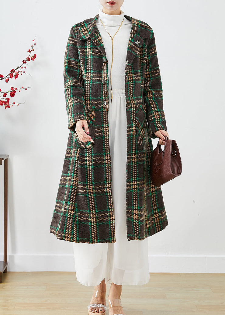 Elegant Green Peter Pan Collar Plaid Pockets Woolen Trench Fall