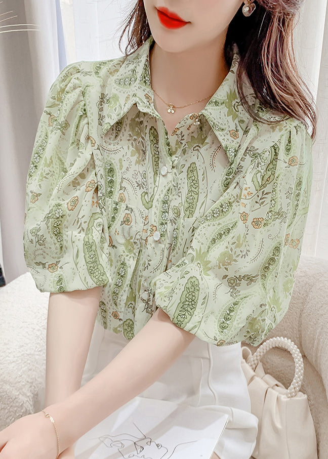 Elegant Green Peter Pan Collar Print Chiffon Shirt Top Lantern Sleeve